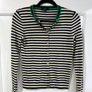 J.Crew Navy & White Striped Cotton Cardigan Green Collar Gold Buttons Sz XS